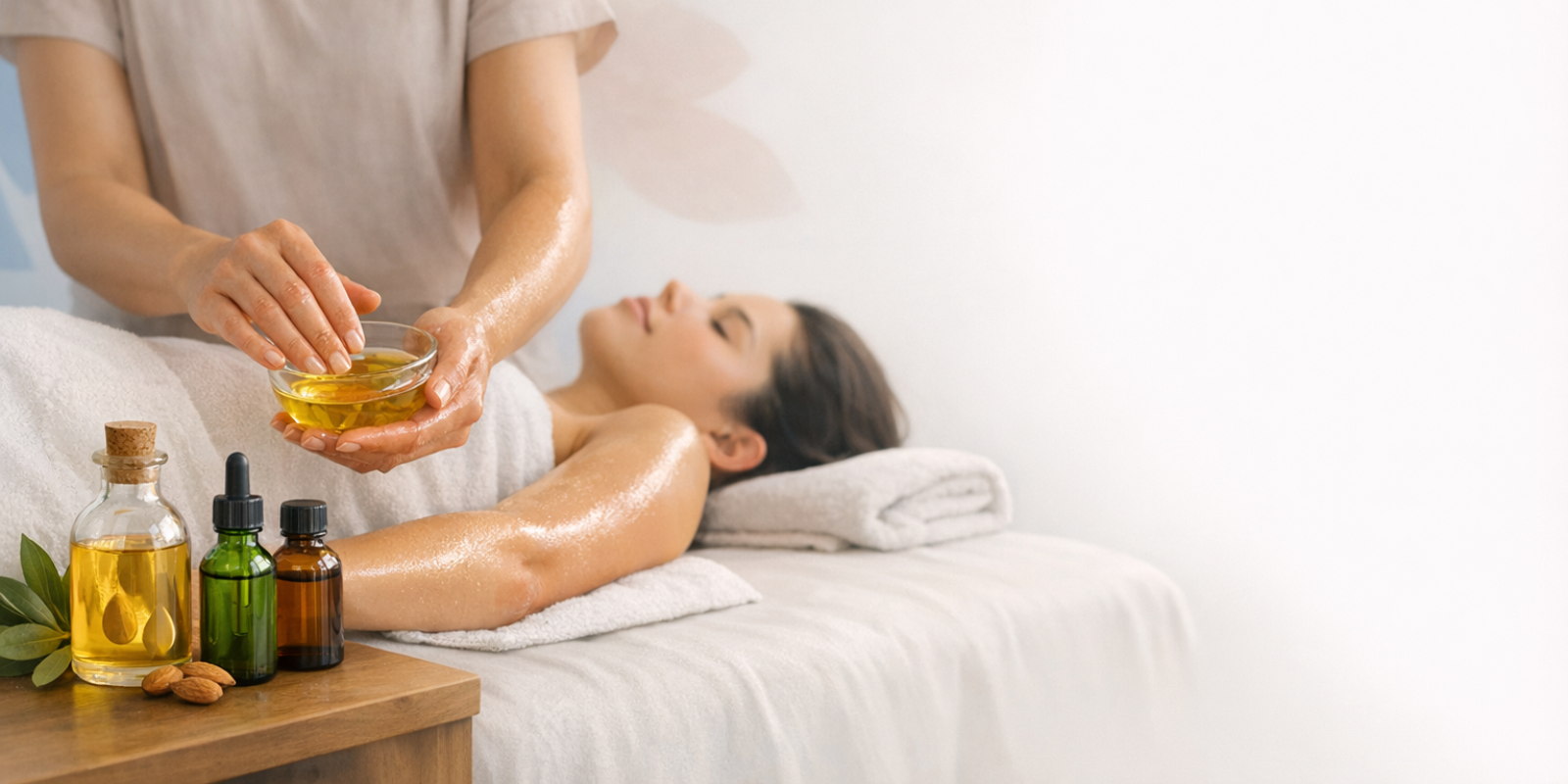 Aromatherapist blending essential oils with carrier oils in glass bottles for holistic medicine massage session