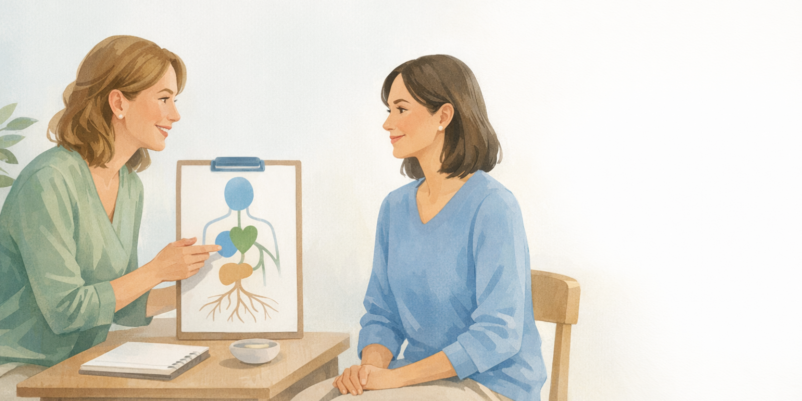 Naturopath consulting with patient, explaining holistic medicine role, treatment options, and professional boundaries