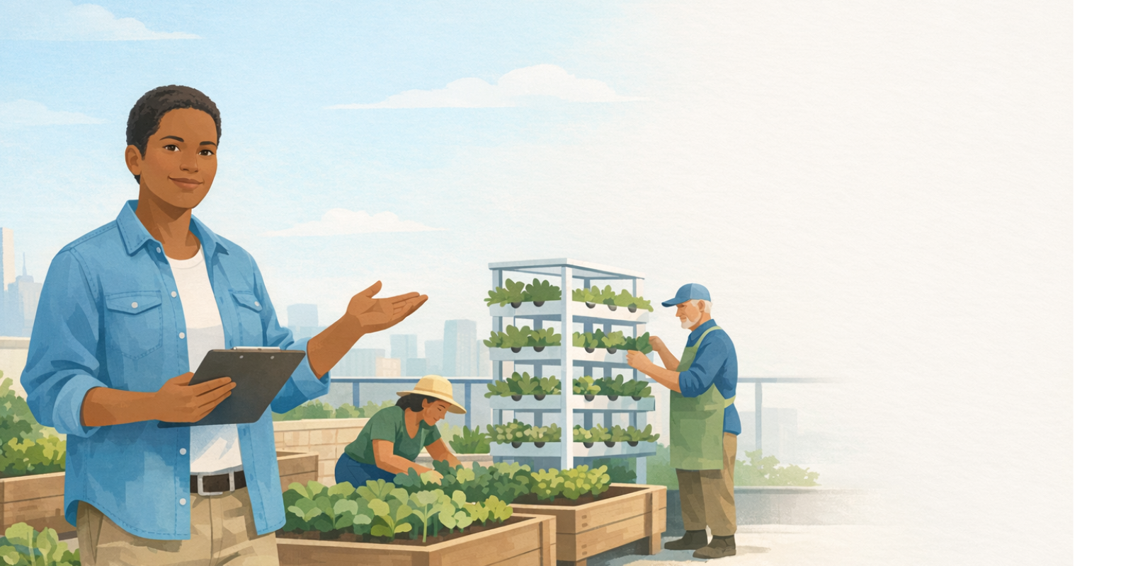 Urban agriculture mentor teaching volunteers how to manage a city garden and transition to paid sustainable food work