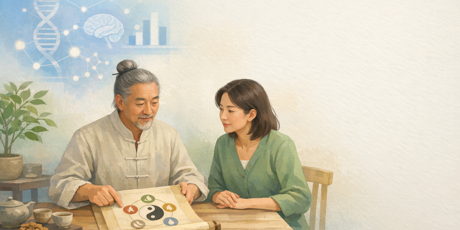 Practitioner preparing traditional Chinese herbs alongside medical charts, illustrating integrative Chinese medicine approach