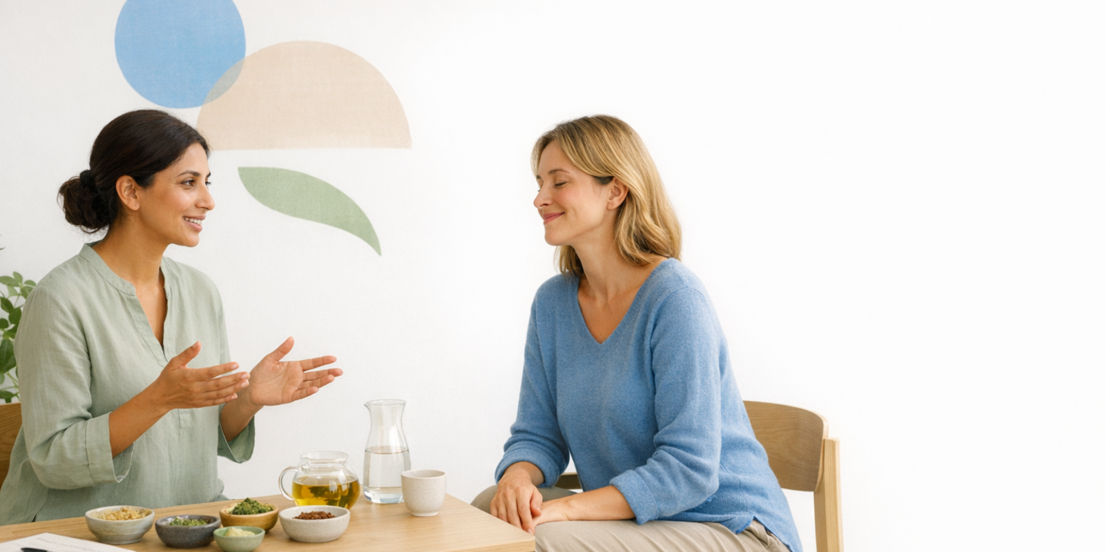 Ayurvedic practitioner calmly explaining holistic treatment plan to new client to help market your Ayurvedic practice effectively