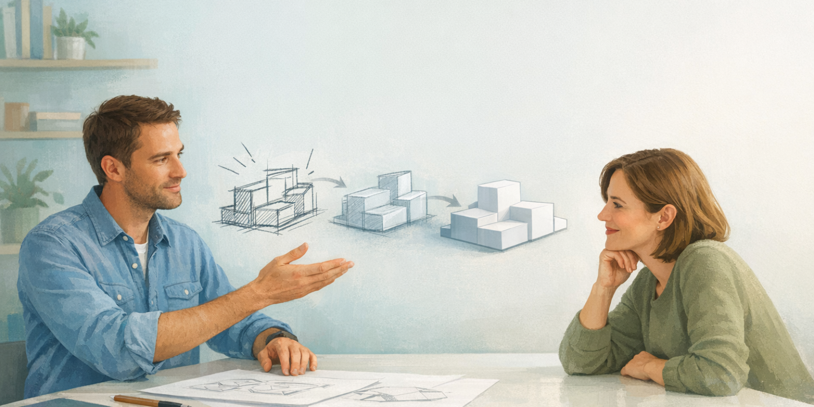 Designer sketching product concepts in Rhino 3D from a rough client brief on a laptop at a studio desk