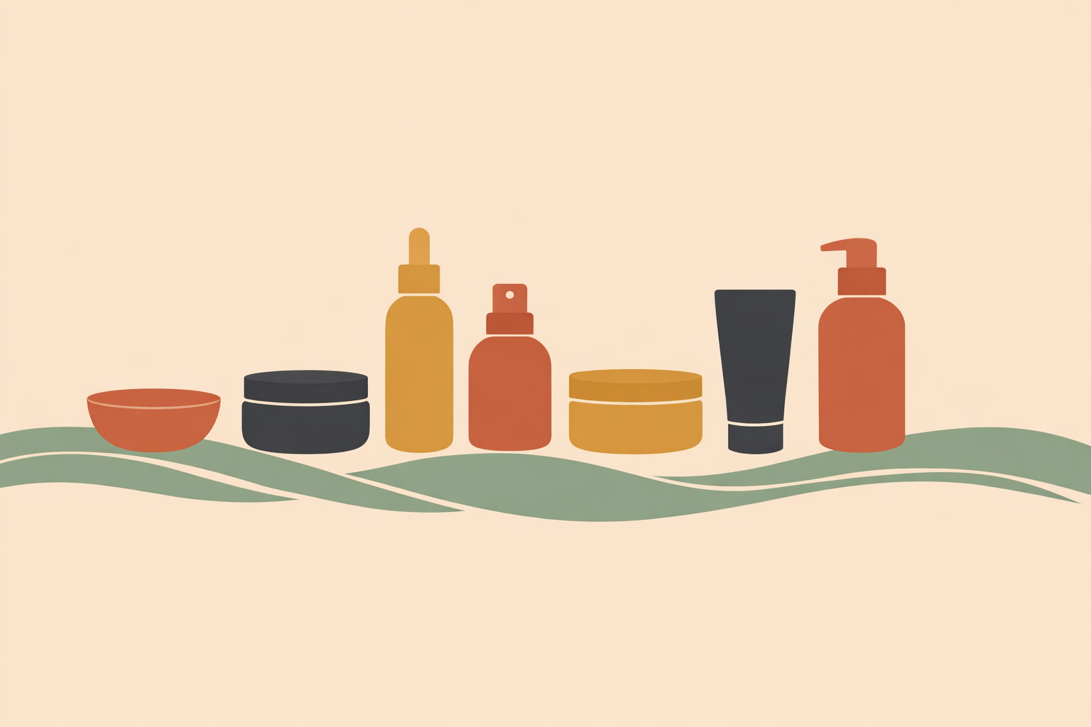 Formulator arranging botanical skin care ingredients and dropper bottles while planning a natural product line