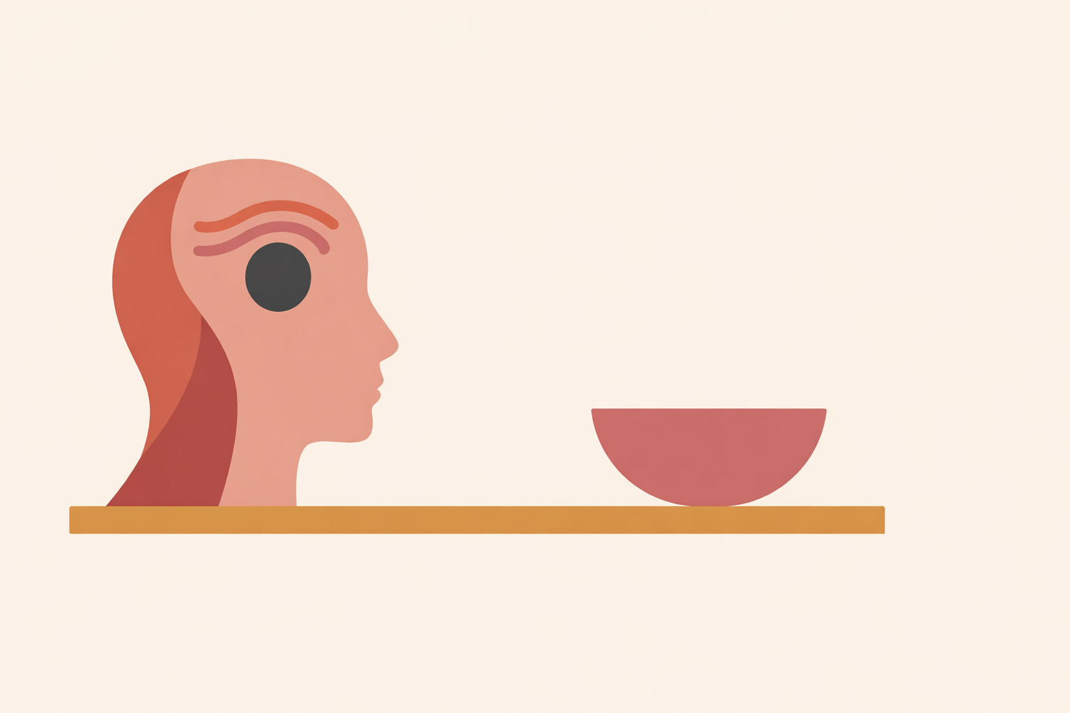 Woman sitting at kitchen table, pausing with comfort food to reflect on emotional eating triggers and compassion cues