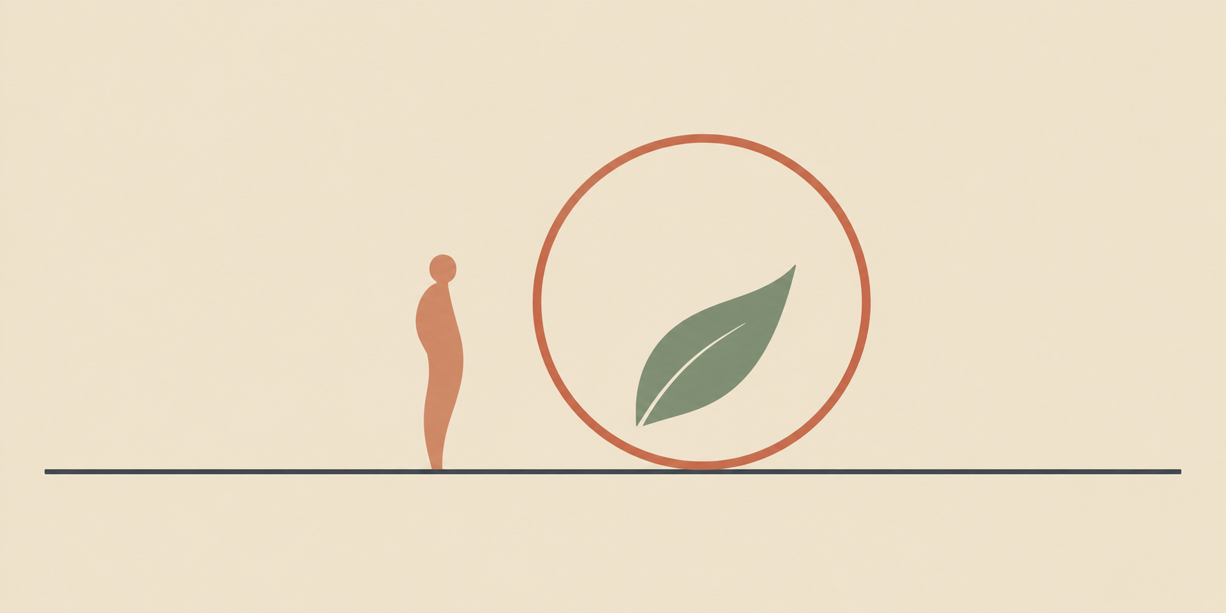 Minimalist flat vector illustration of a leaf shape inside an open circle beside a small figure, sage and terracotta on beige, symbolising naturopathi