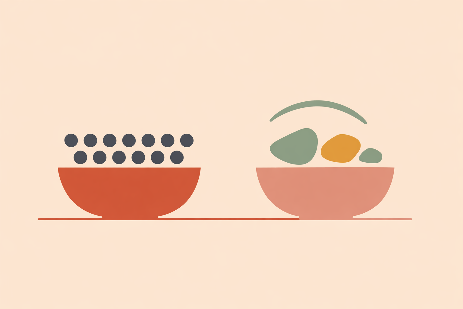 Woman comparing two healthy meals at a kitchen table, practicing mindful eating and intuitive eating for weight loss