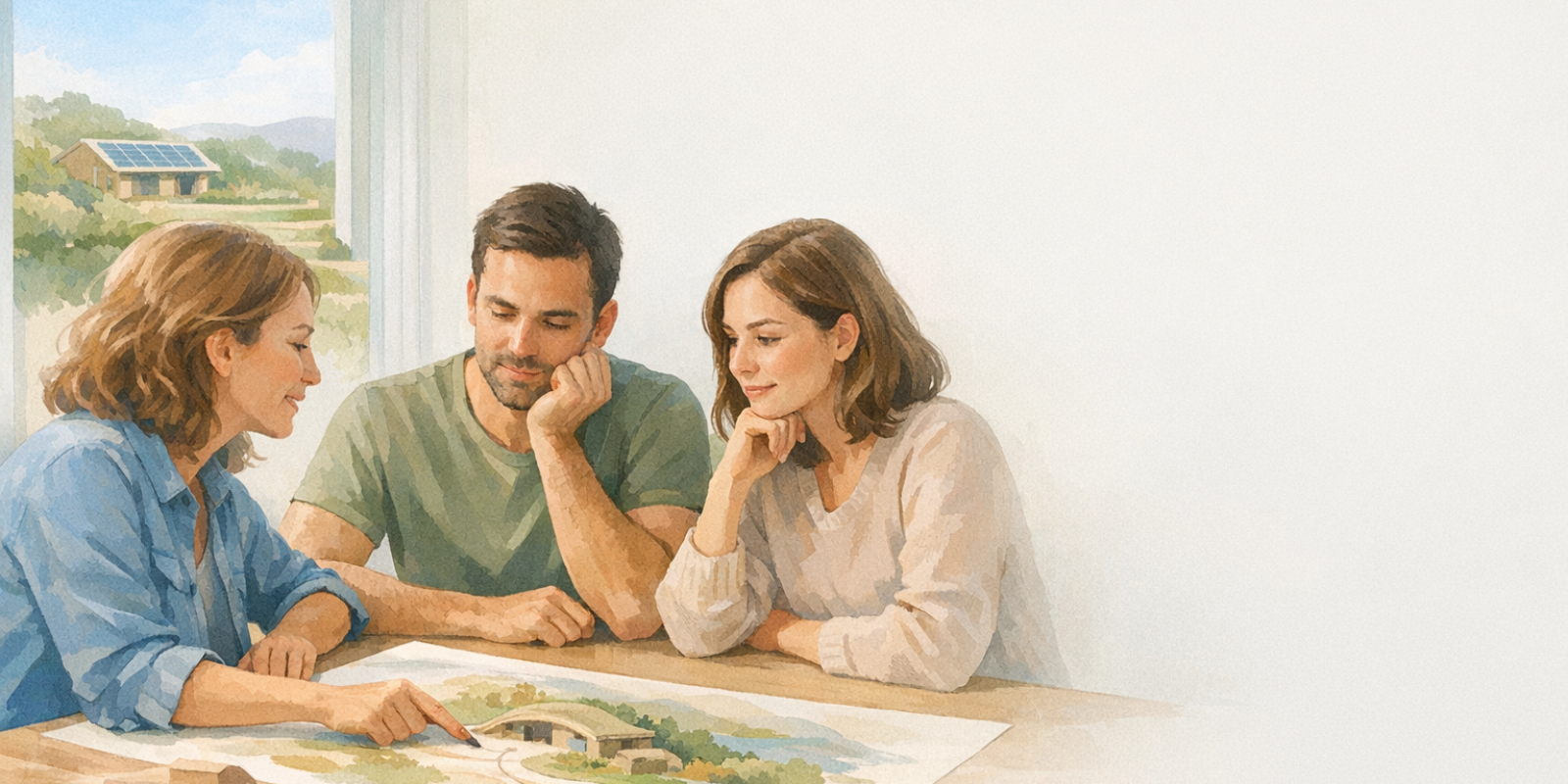 Designer presenting sustainable off-grid home plans to eco-conscious clients during an ethical marketing consultation