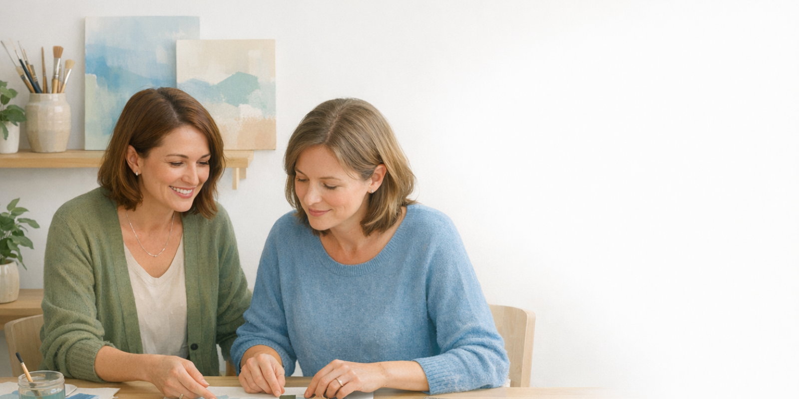 Therapeutic arts practitioner guiding client through creative exercise while planning how to market a holistic practice