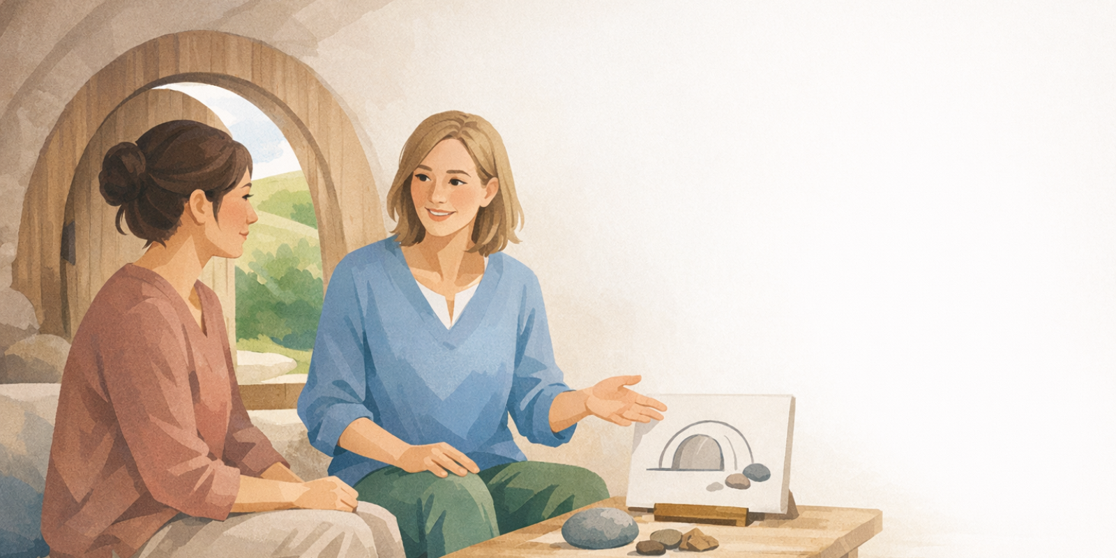 Coach reviewing Hobbit Vault script notes with beginner client planning sustainable living goals