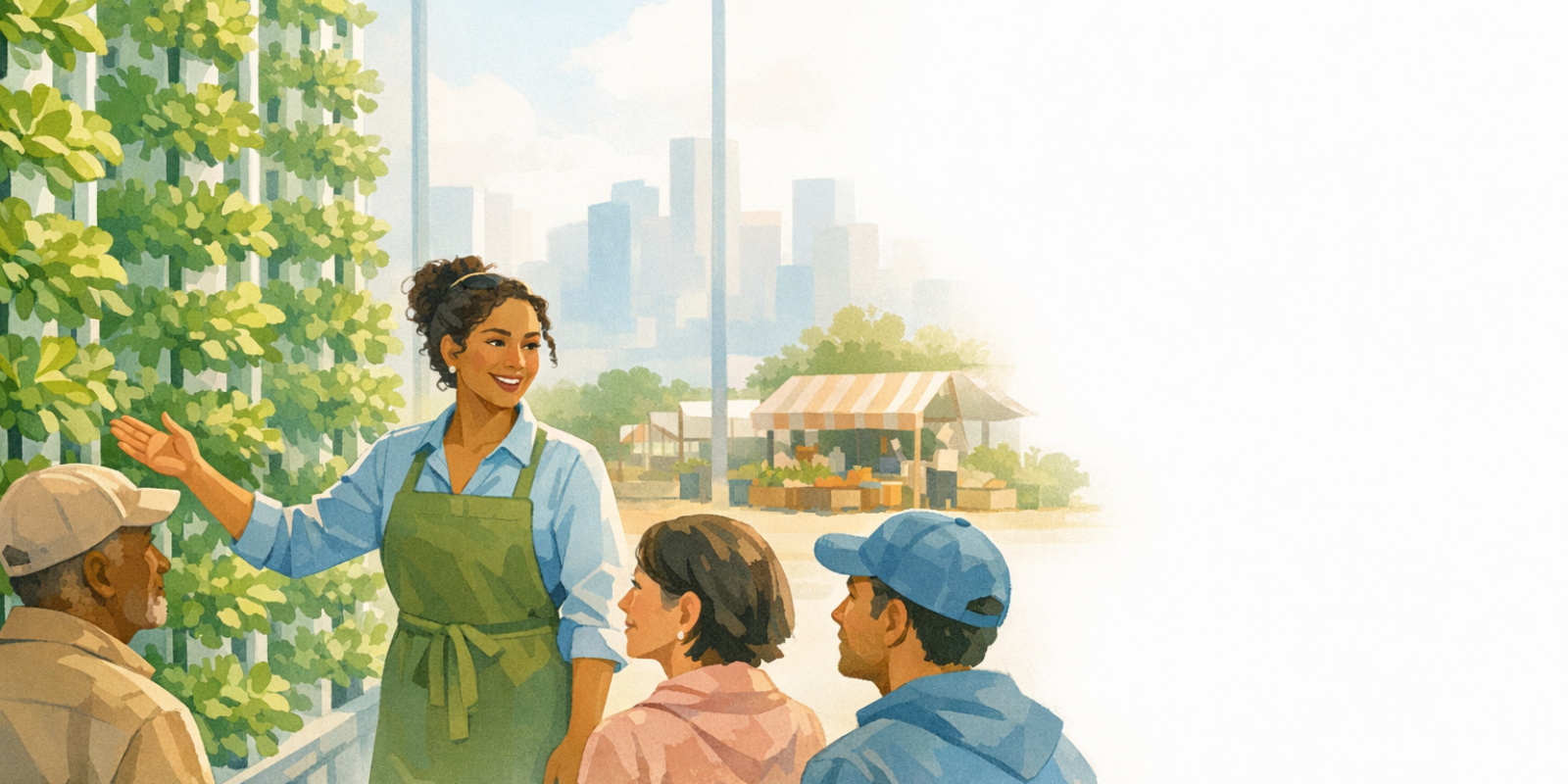 Urban farmers managing vertical farming racks with leafy greens in a modern indoor city food system