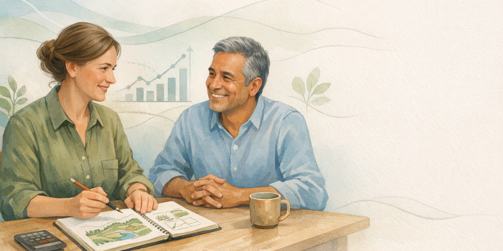 Permaculture designer reviewing project plans and pricing strategy while marketing a regenerative design practice