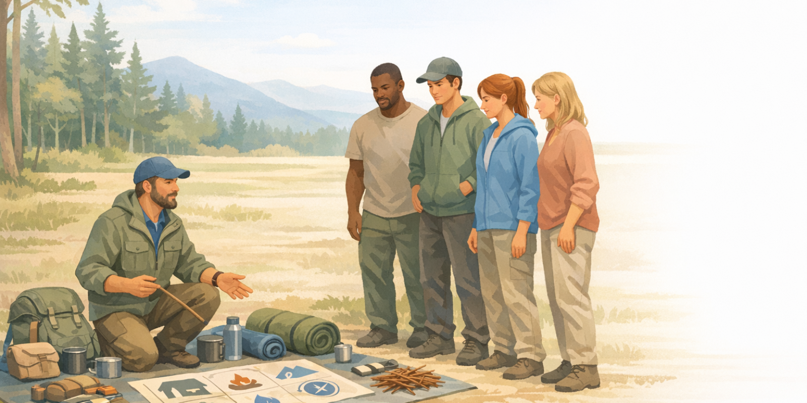 Outdoor survival coach teaching beginner wilderness skills to small group during weekend training session