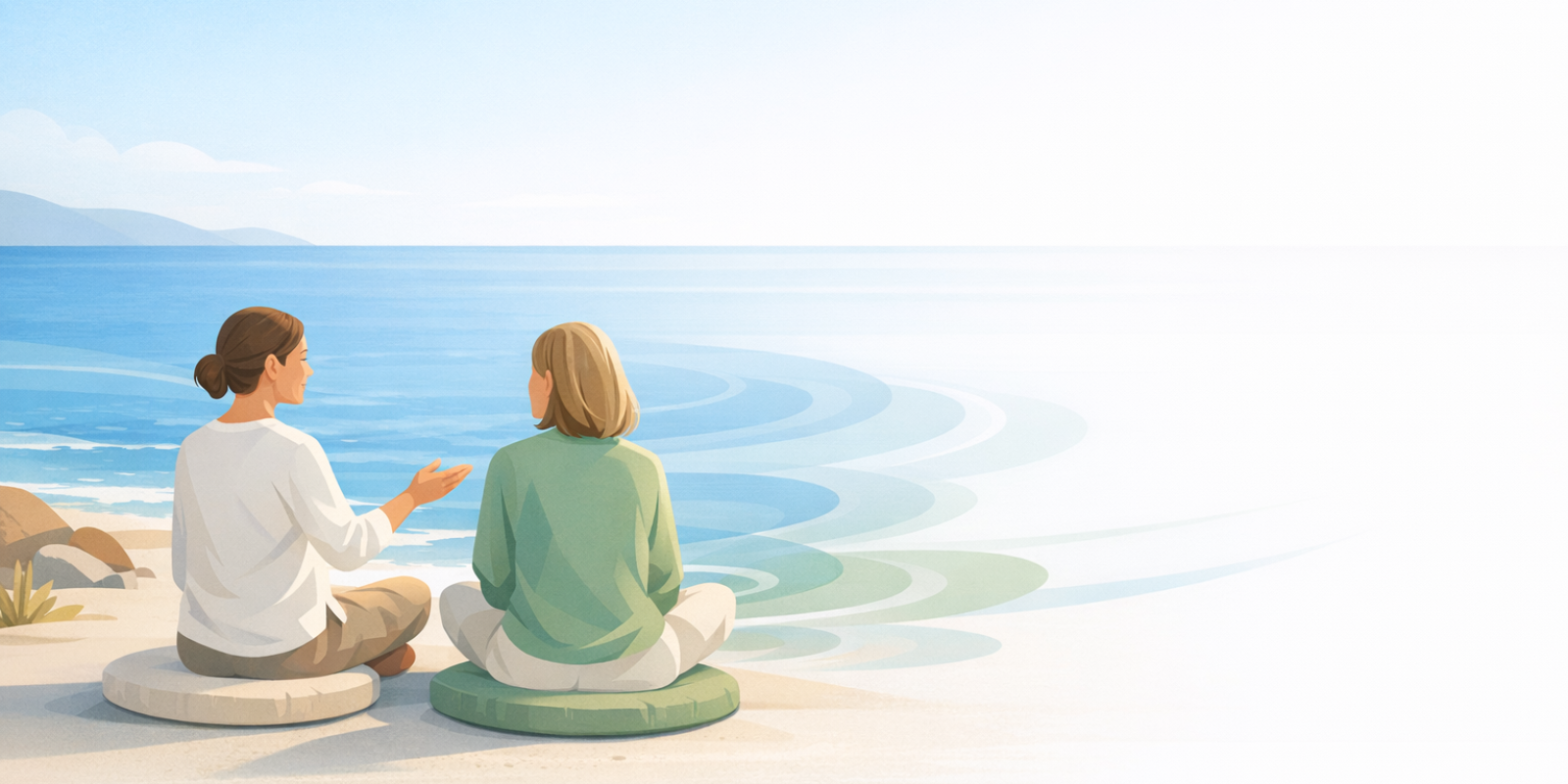 Ocean-based coach leading a client through calming blue mind breathing practice beside the sea