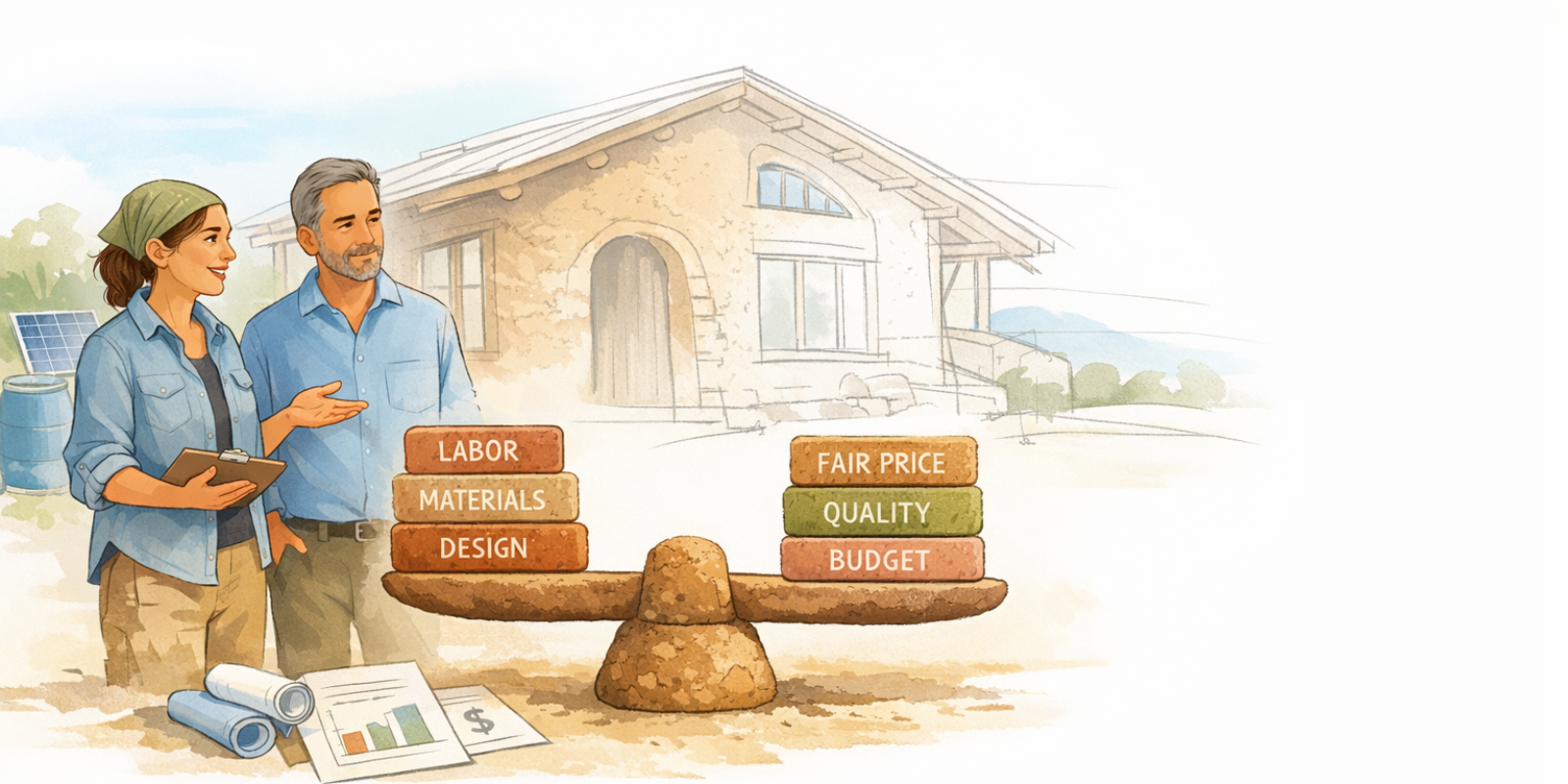 Natural builder planning straw bale and cob home project pricing for sustainable off‑grid living services