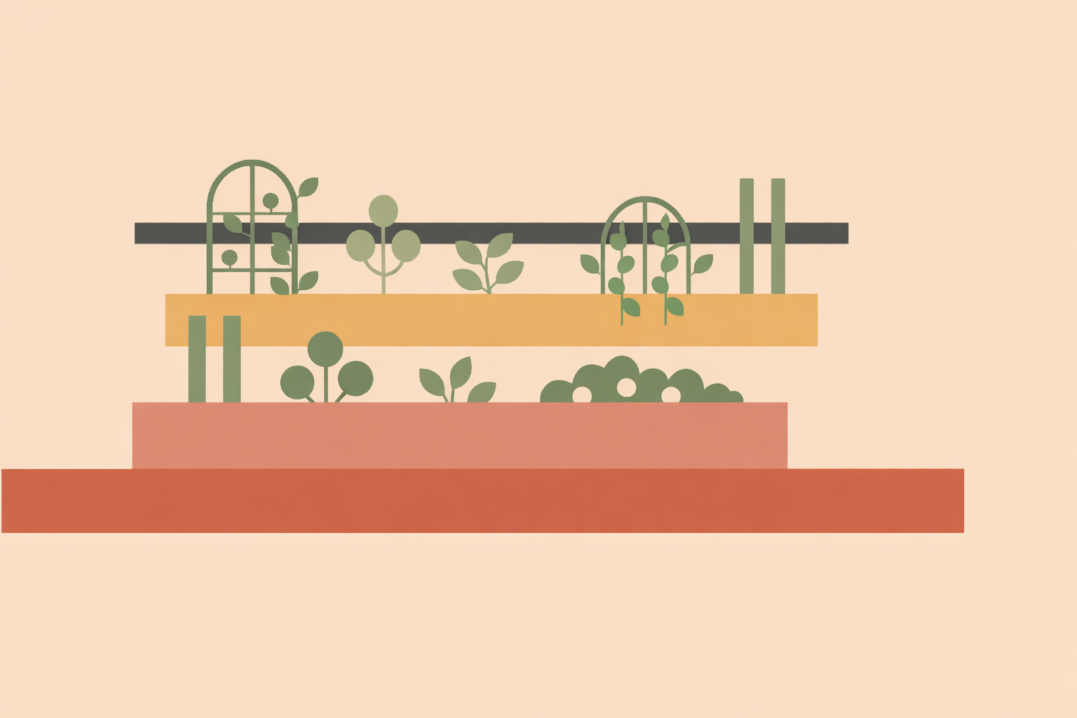 Compact city backyard with raised beds and containers showing layered edible landscaping ideas for small yards