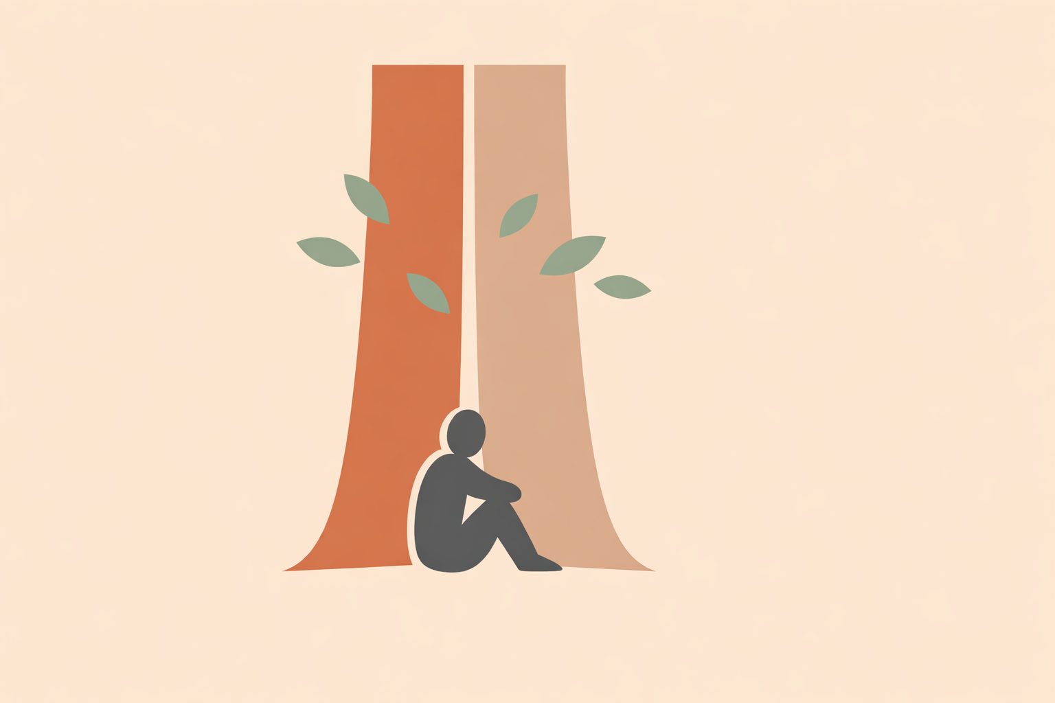 Woman gently touching tree trunk, practicing safe spiritual tree connection in nature for grounding and calm