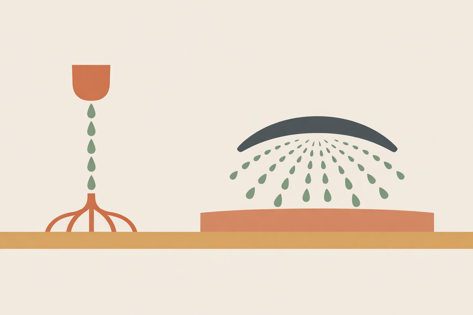 Gardener comparing drip irrigation lines and sprinkler system layout in a permaculture garden bed