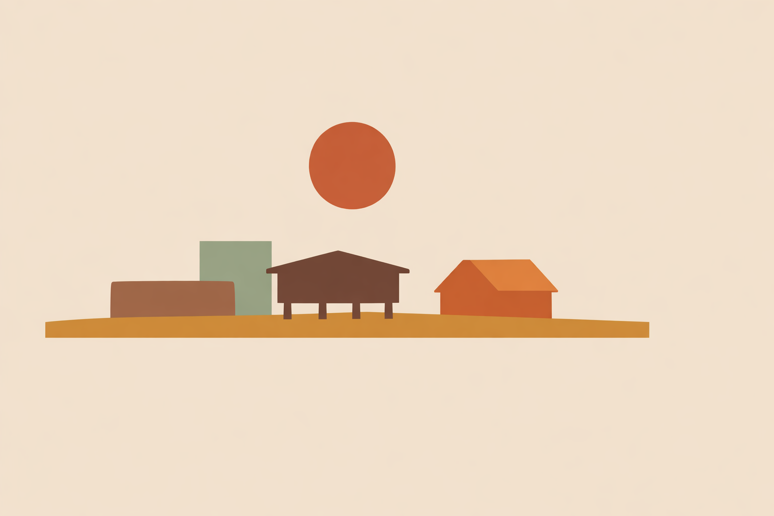 Traditional vernacular buildings constructed with local natural materials blending into the surrounding landscape