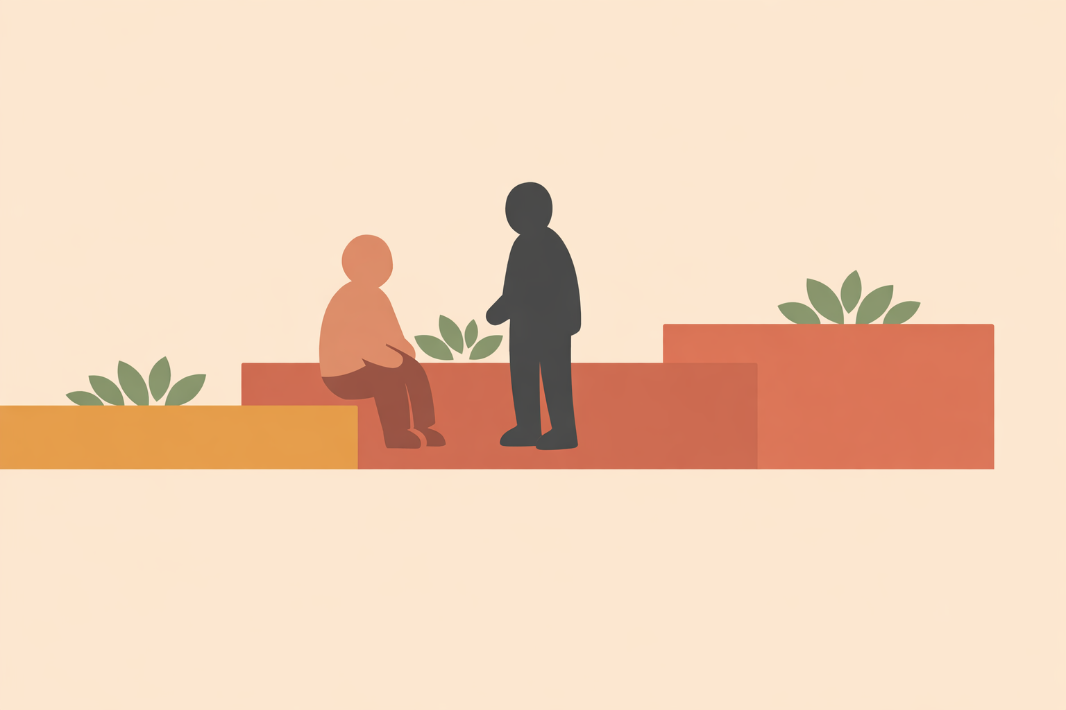 Older adult chatting with neighbor while tending garden beds, showing how gardens ease social isolation for seniors