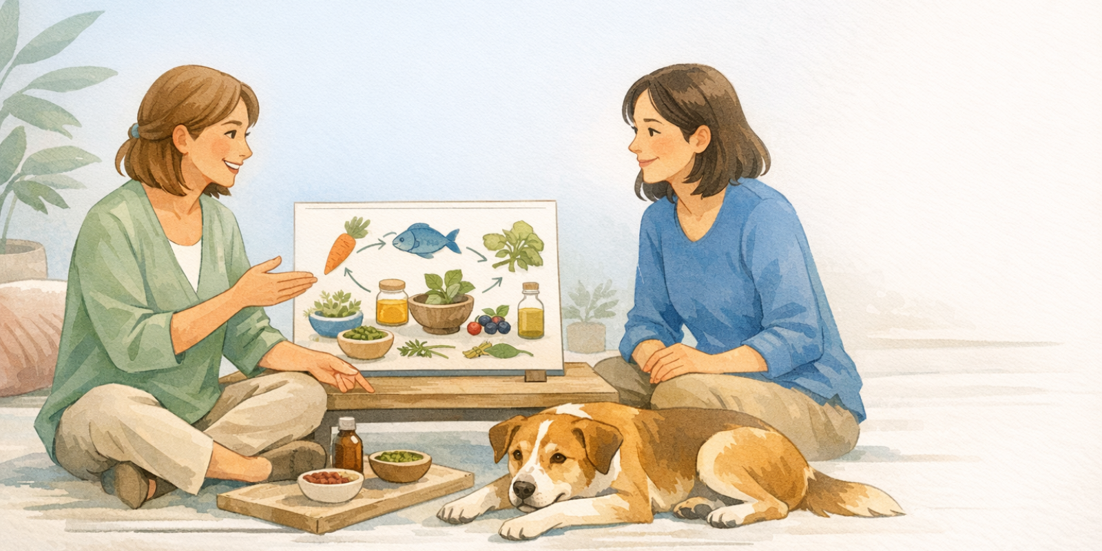 Holistic pet nutritionist reviewing canine naturopathy meal plan while marketing her dog health coaching practice