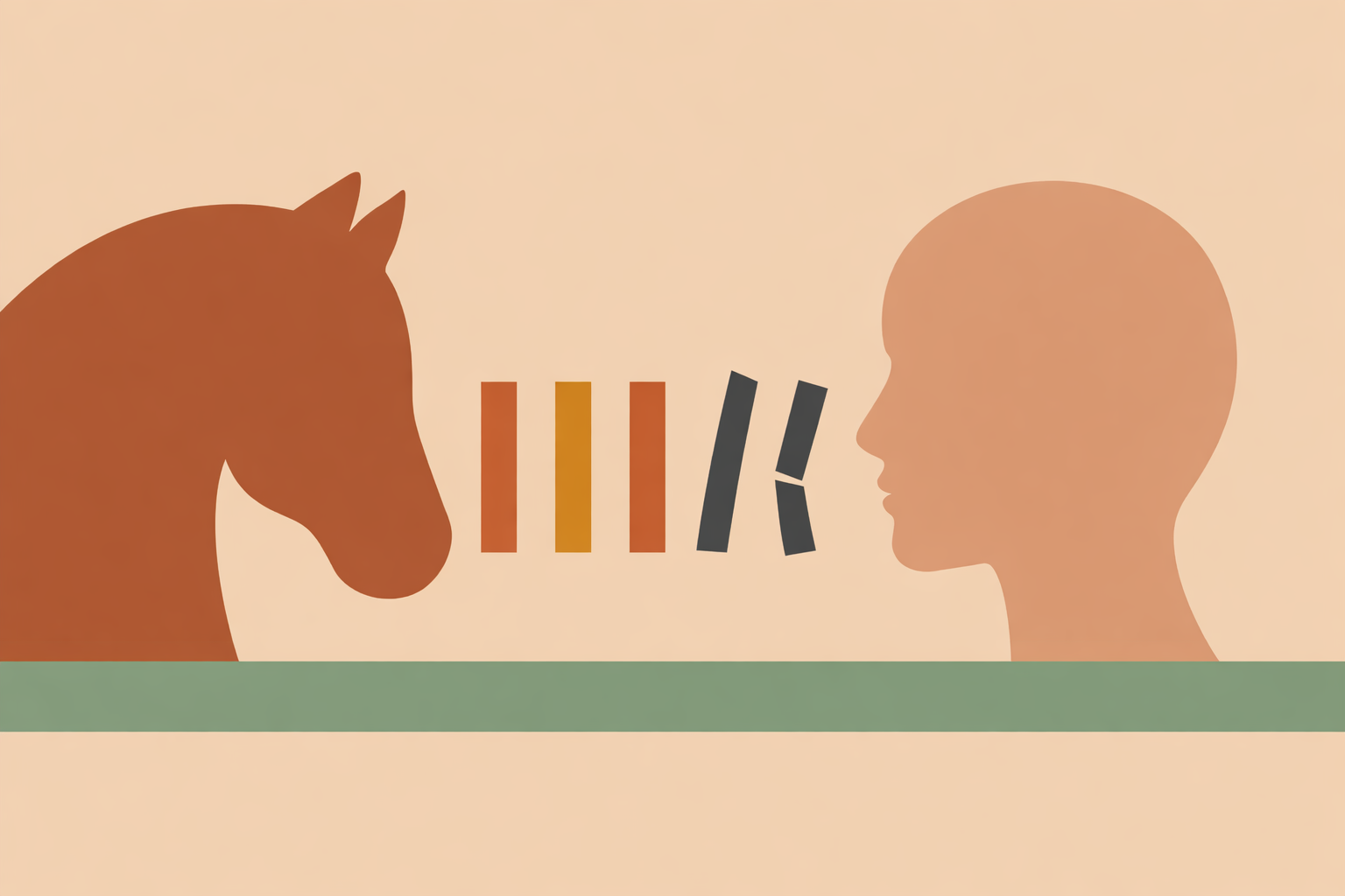 Therapist observing anxious client beside calm horse during equine therapy trauma session outdoors