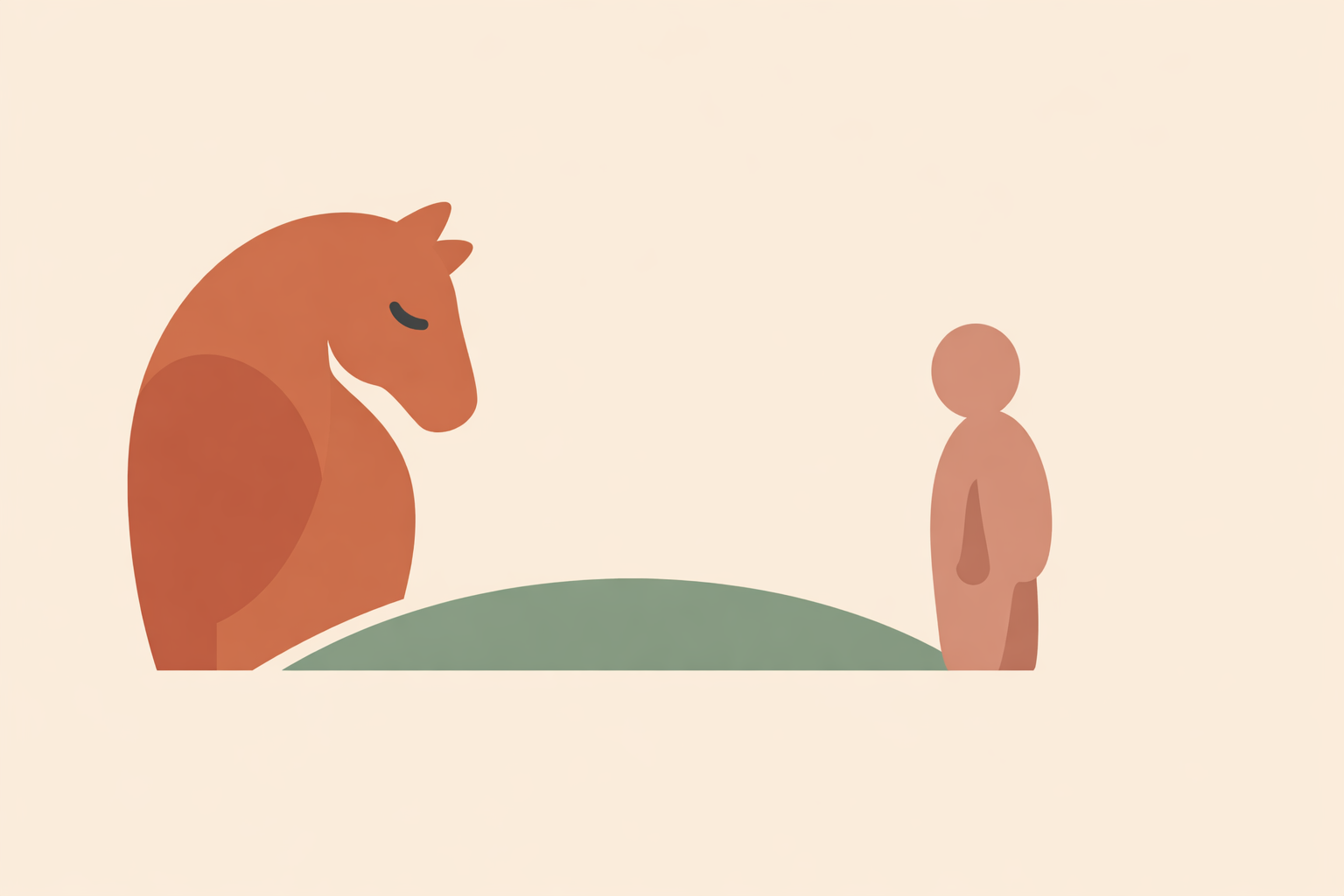 Woman gently connecting with a calm horse in a pasture, modeling relational ethics in equine-assisted work