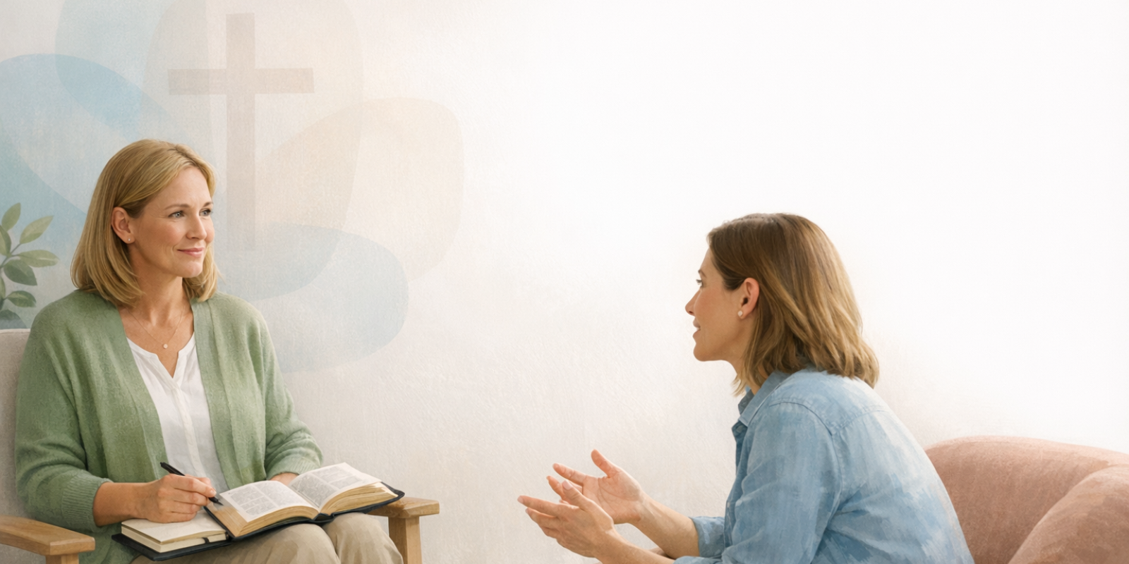Christian counselor gently reading Scripture with client during coaching session to support faith-based emotional healing