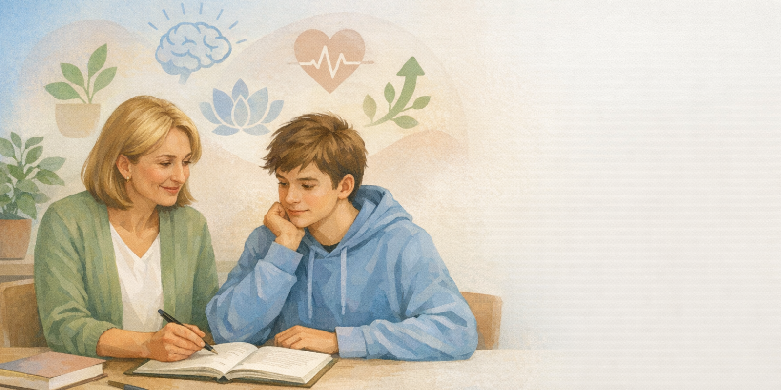 Coach talking with frustrated teen about schoolwork goals during homework coaching session