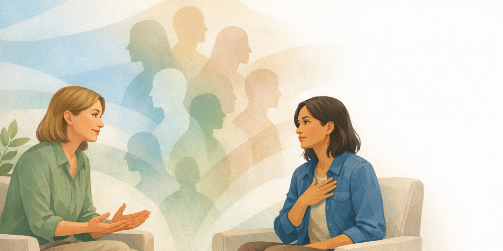 Therapist calmly explaining past life regression to a skeptical client during counseling session