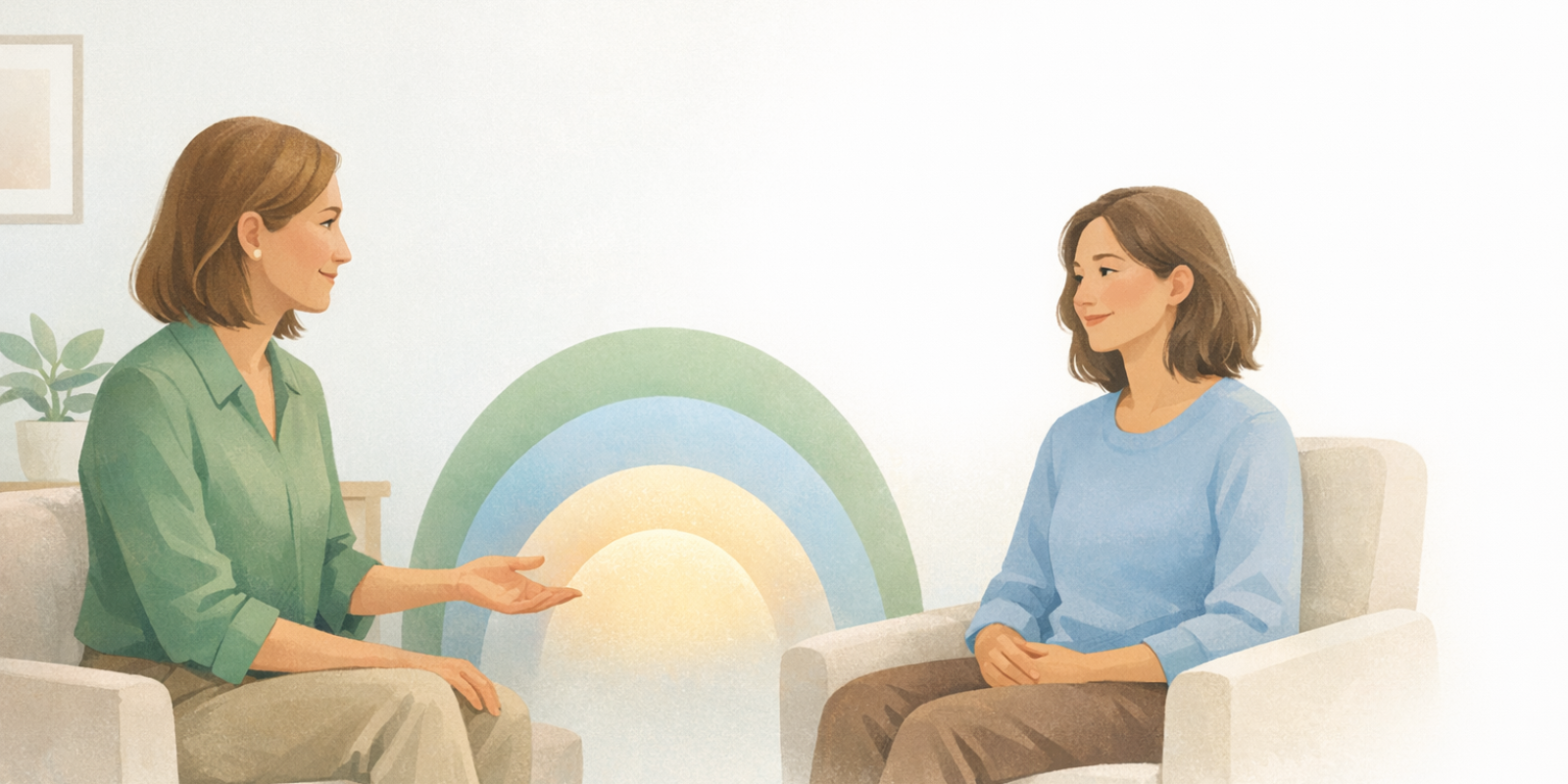 Relationship coach helping client explore attachment issues and set healthy boundaries during a counseling session