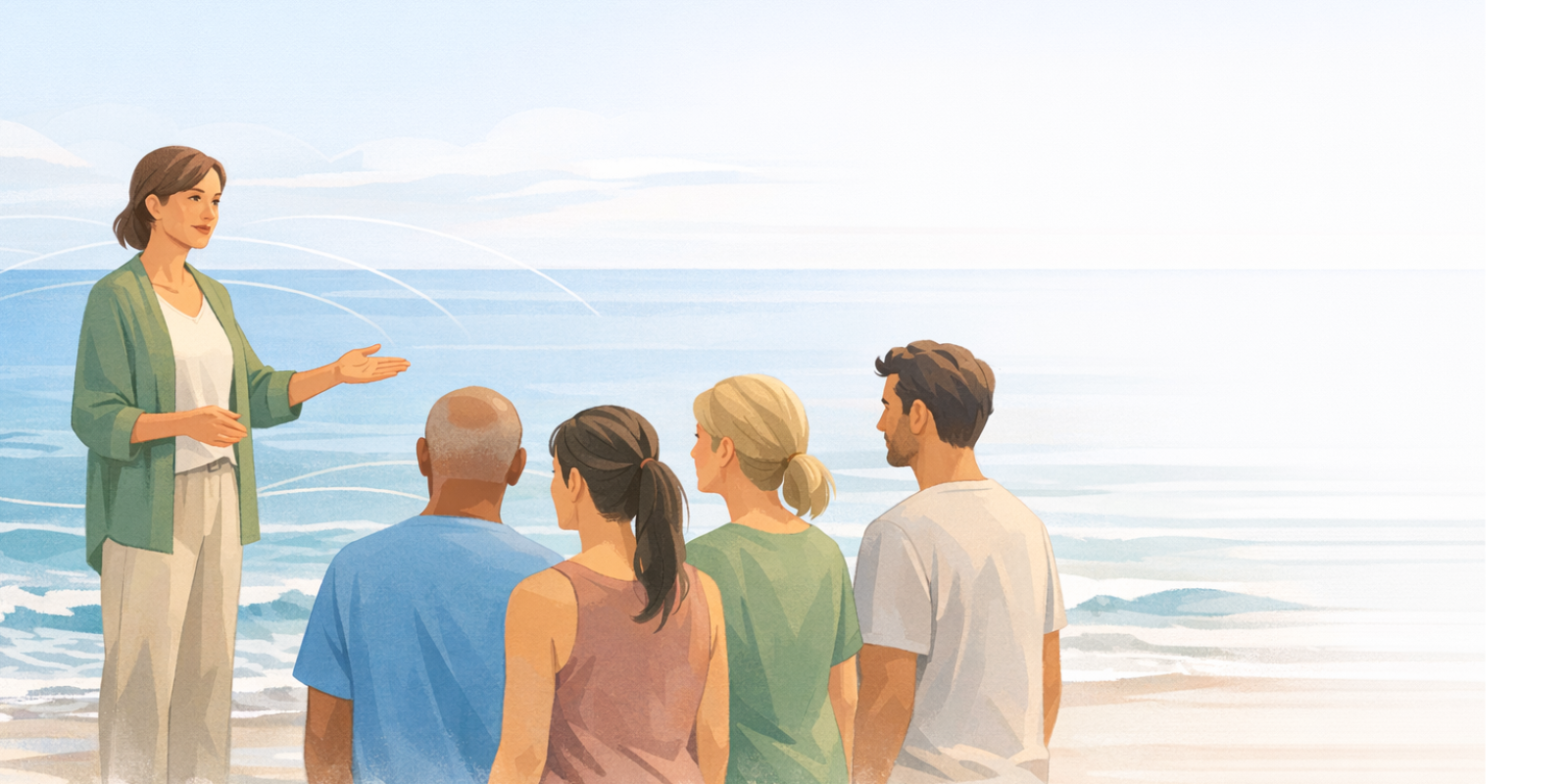 Surf coach leading ocean safety briefing and boundary-setting talk with new client before entering the water