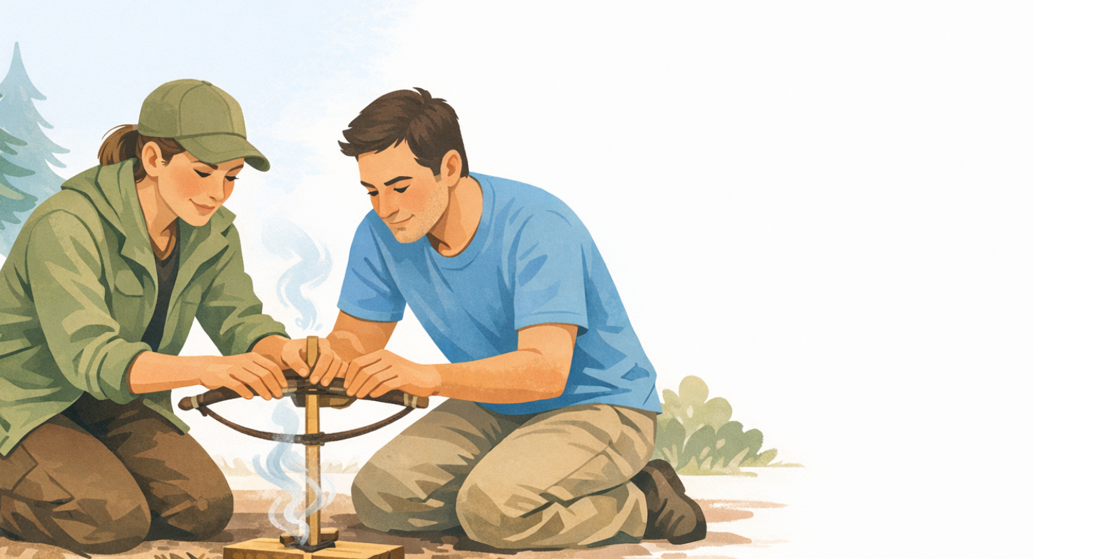 Instructor demonstrating primitive survival skills outdoors, teaching shelter building and firecraft to beginners