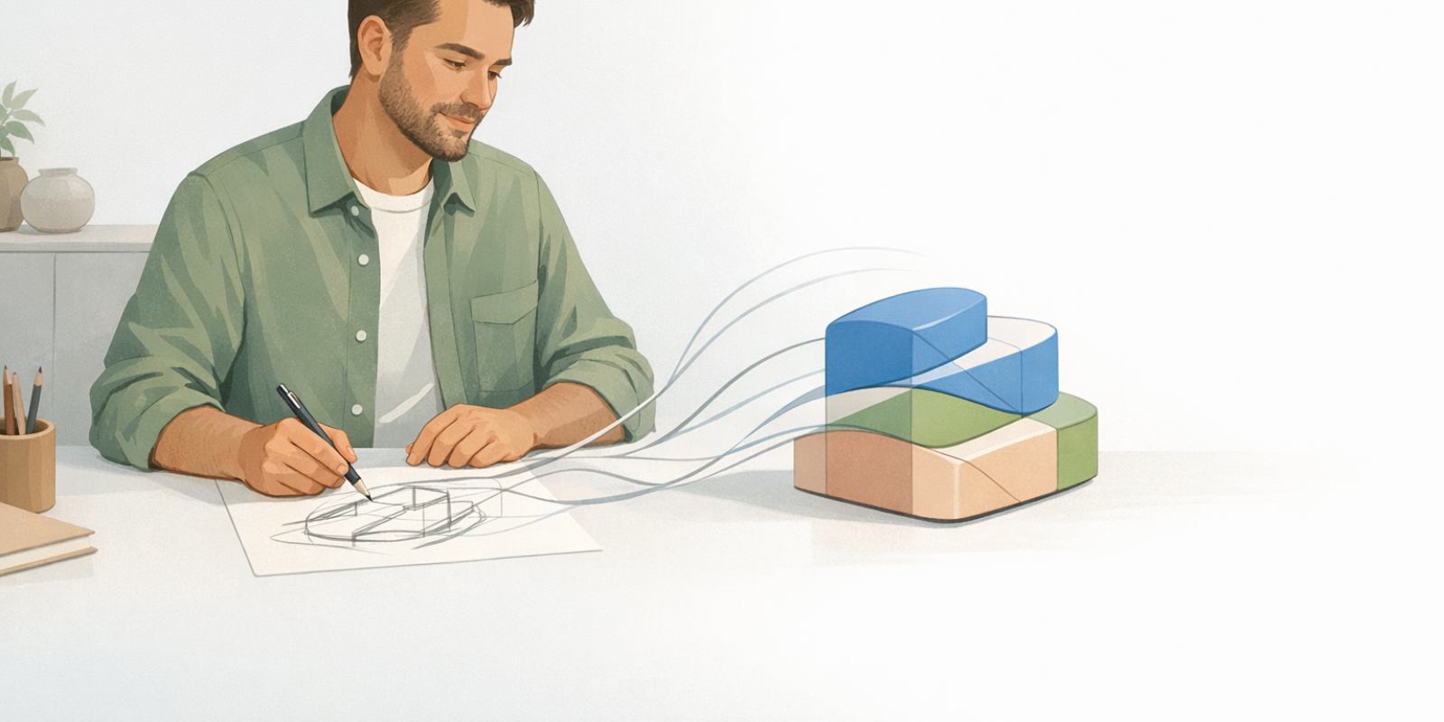 Designer refining a hand sketch into a colored Rhino 3D concept on a laptop during digital modeling workflow