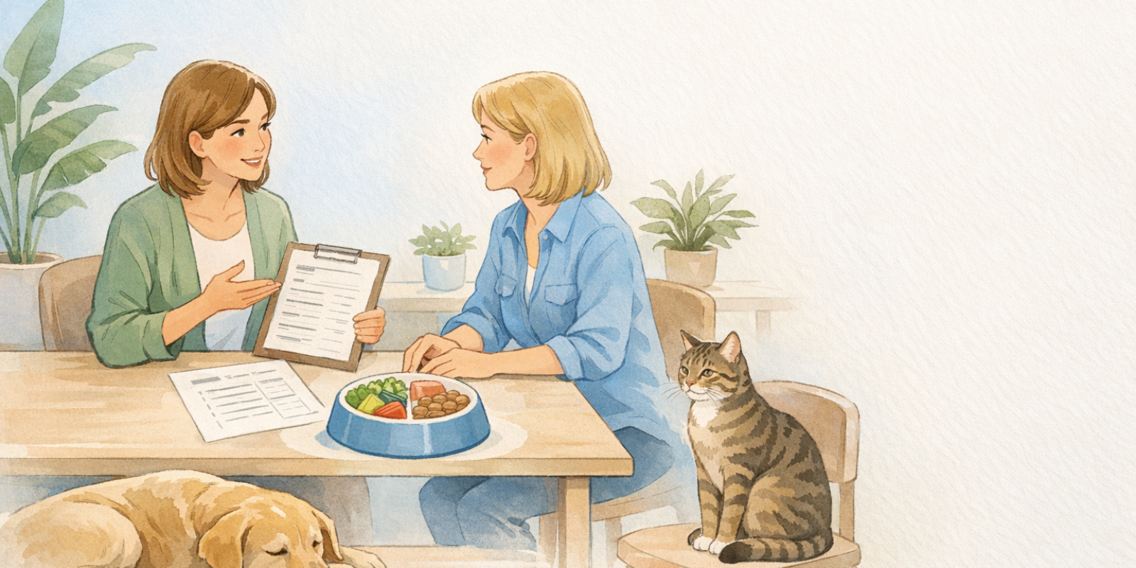 Naturopathy practitioner reviewing small animal intake questions with pet owner during holistic wellness consultation