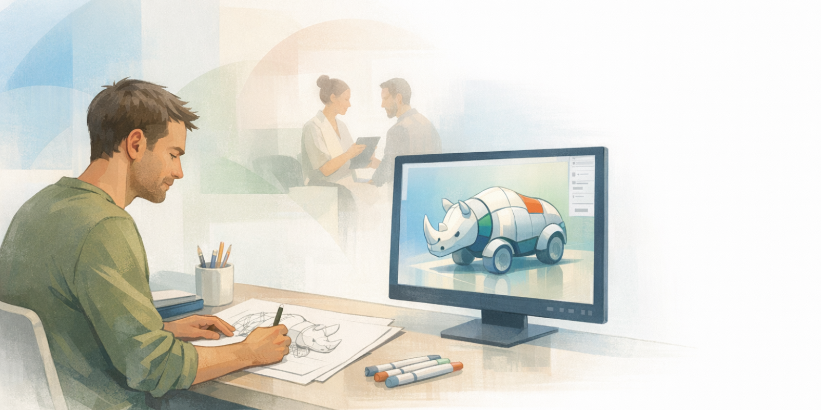 Designer transforming a hand sketch into a colored product concept in Rhino 3D on a laptop screen