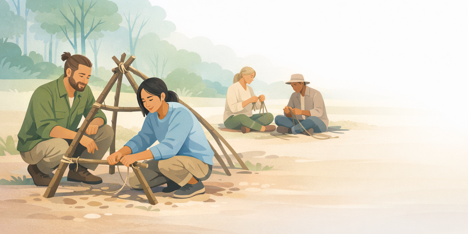 Parent teaching child primitive survival skills outdoors beyond basic fire starting for family preparedness