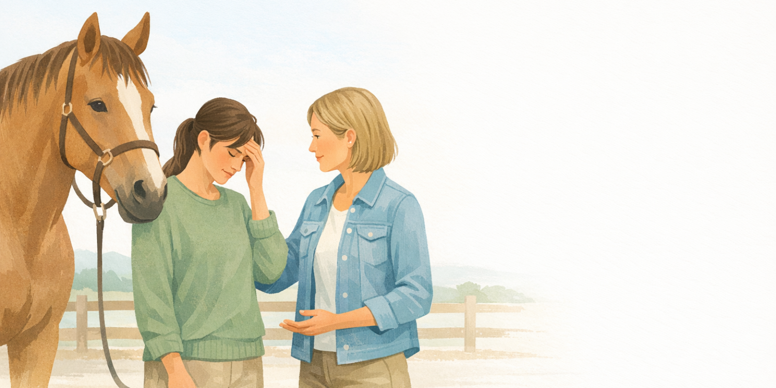 Therapist guiding client to connect with a calm horse during equine therapy for trauma and emotional overwhelm