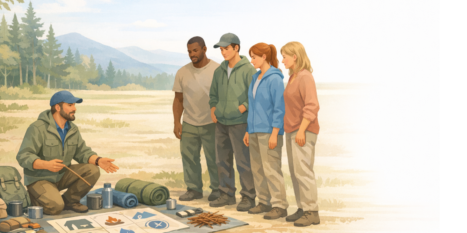 Outdoor survival coach teaching beginner wilderness skills to small group during weekend training session