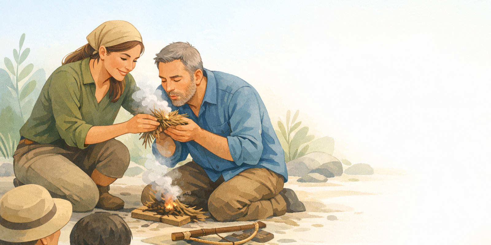 Instructor teaching teen step‑by‑step fire starting without matches using kindling and spark tools outdoors