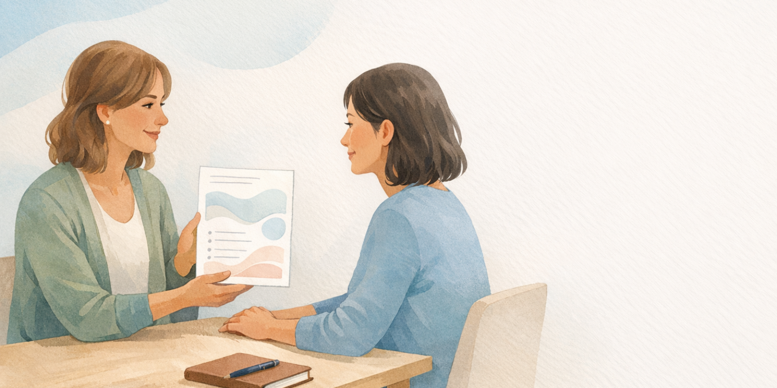 Therapist coaching overwhelmed client through guided journaling support during an emotional counseling session