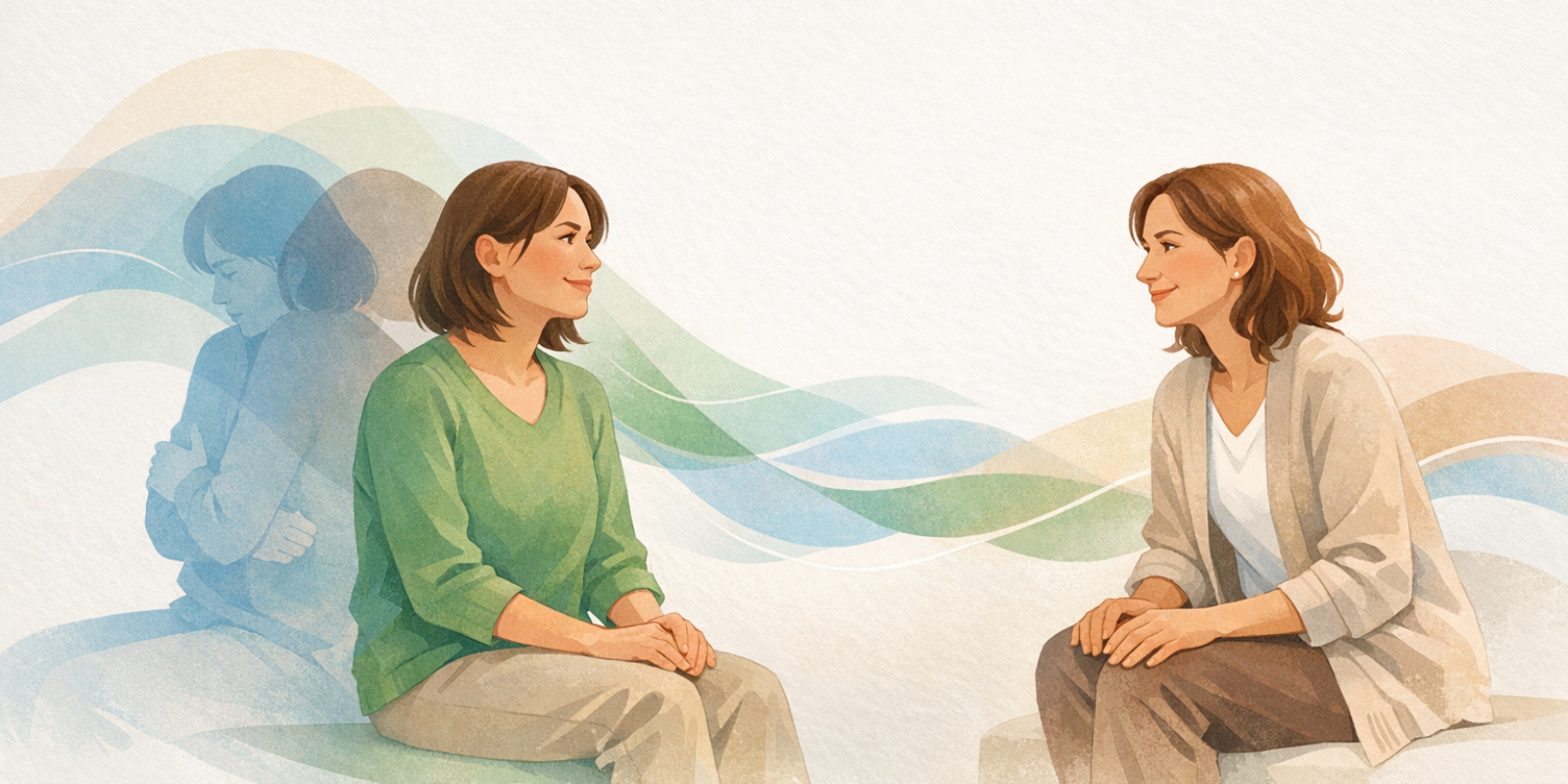 Therapist teaching polyvagal therapy with client, practicing slow breathing and grounding exercises in a calm office