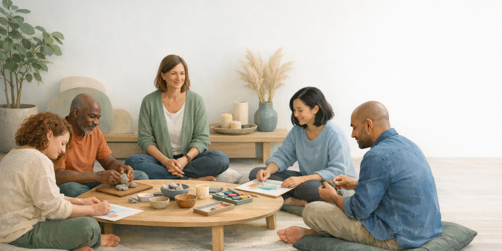 Therapist leading group art therapy session as participants create grounding drawings in a shared studio space