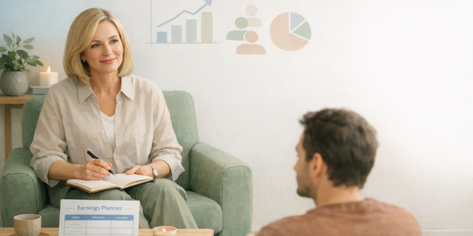 Hypnotherapist planning marketing strategy at laptop to grow solo practice income and client bookings