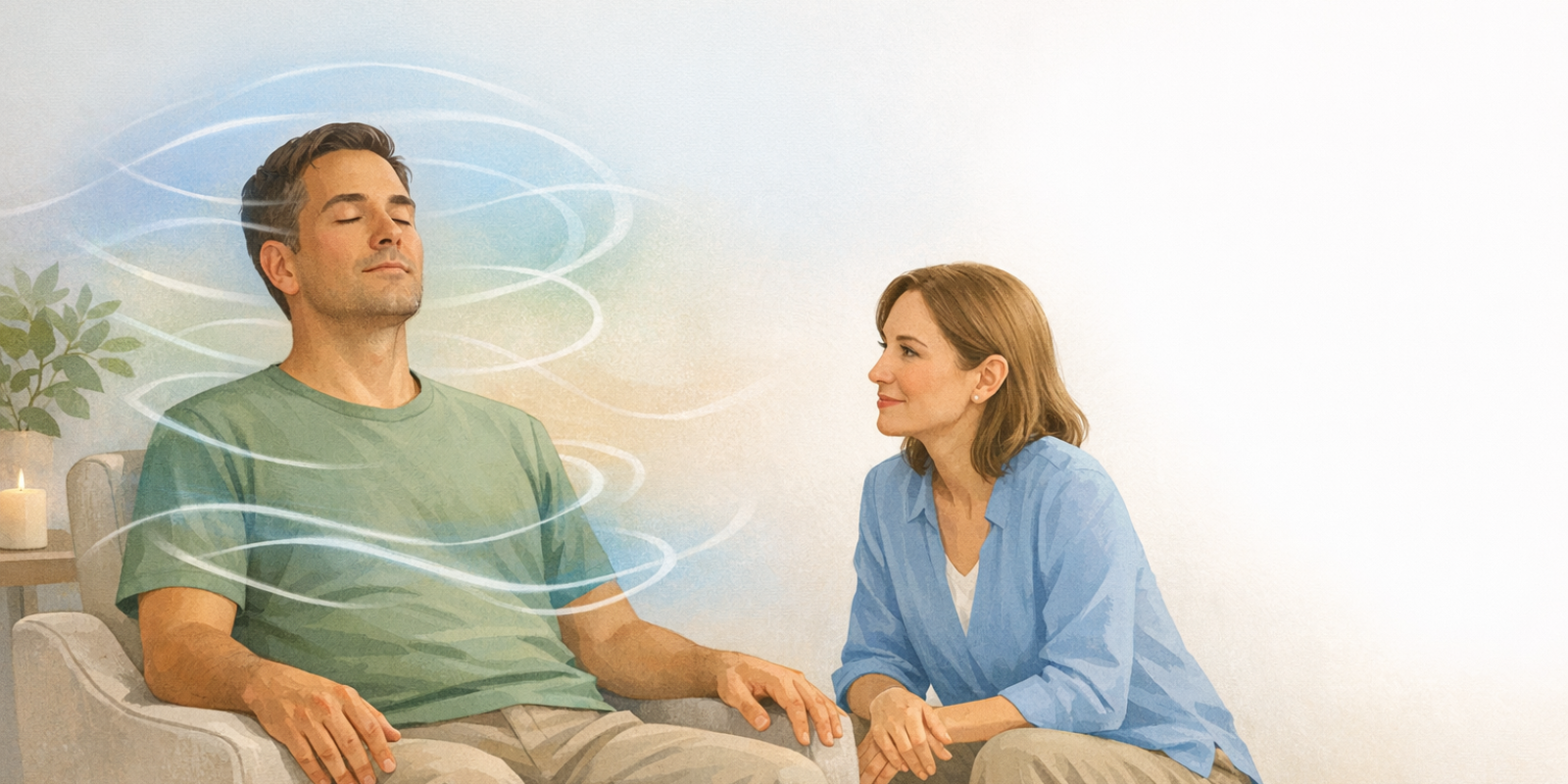 Hypnotherapist guiding client into relaxation to use hypnosis for chronic pain support