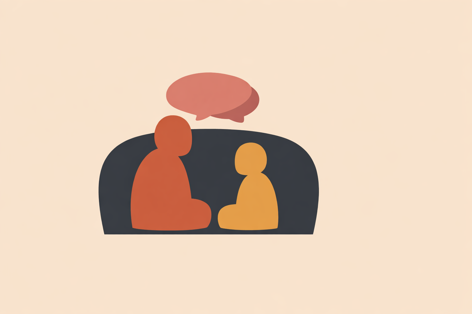 Parent gently talking with two children on couch, starting first supportive conversation about divorce