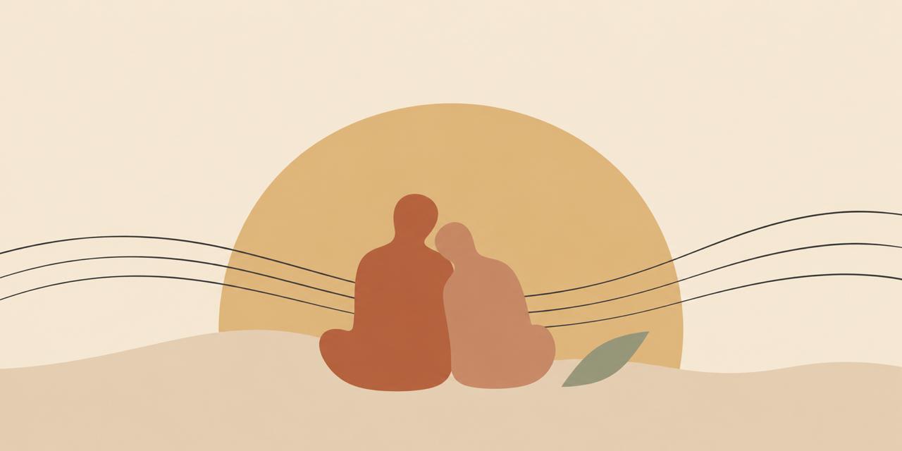 Minimalist flat vector illustration of two abstract figures beside a rising sun, terracotta and sage on beige, symbolising grief support