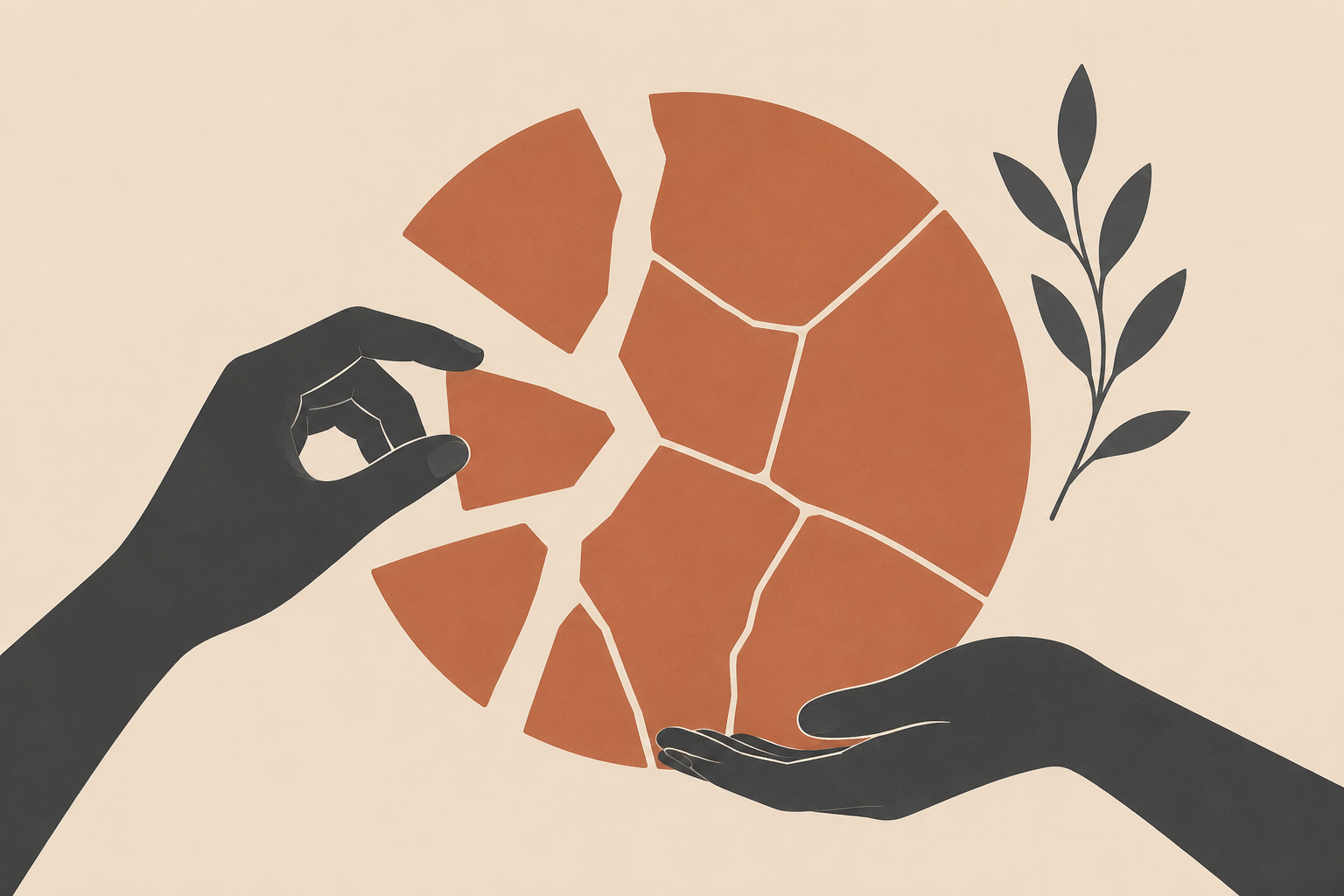 Minimalist flat vector illustration of a fractured circle being reassembled, terracotta and charcoal on beige, symbolising rebuilding self-trust after