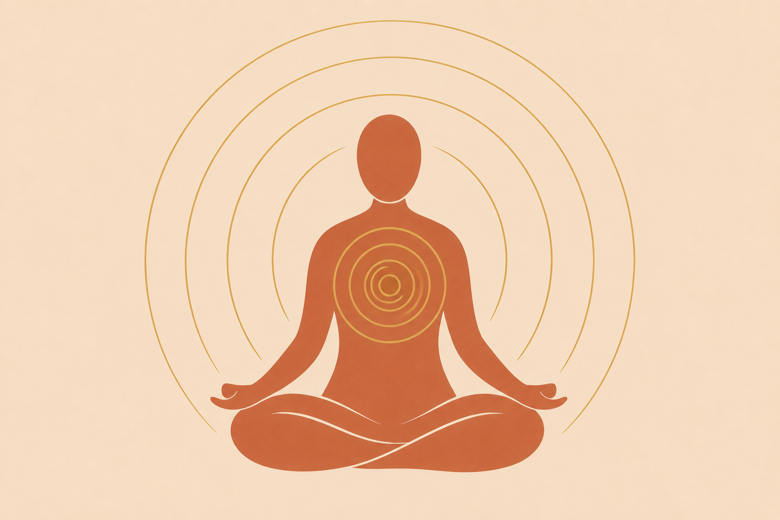 Minimalist flat vector illustration of an abstract seated figure with concentric breath circles, terracotta and ochre on beige, symbolising body aware