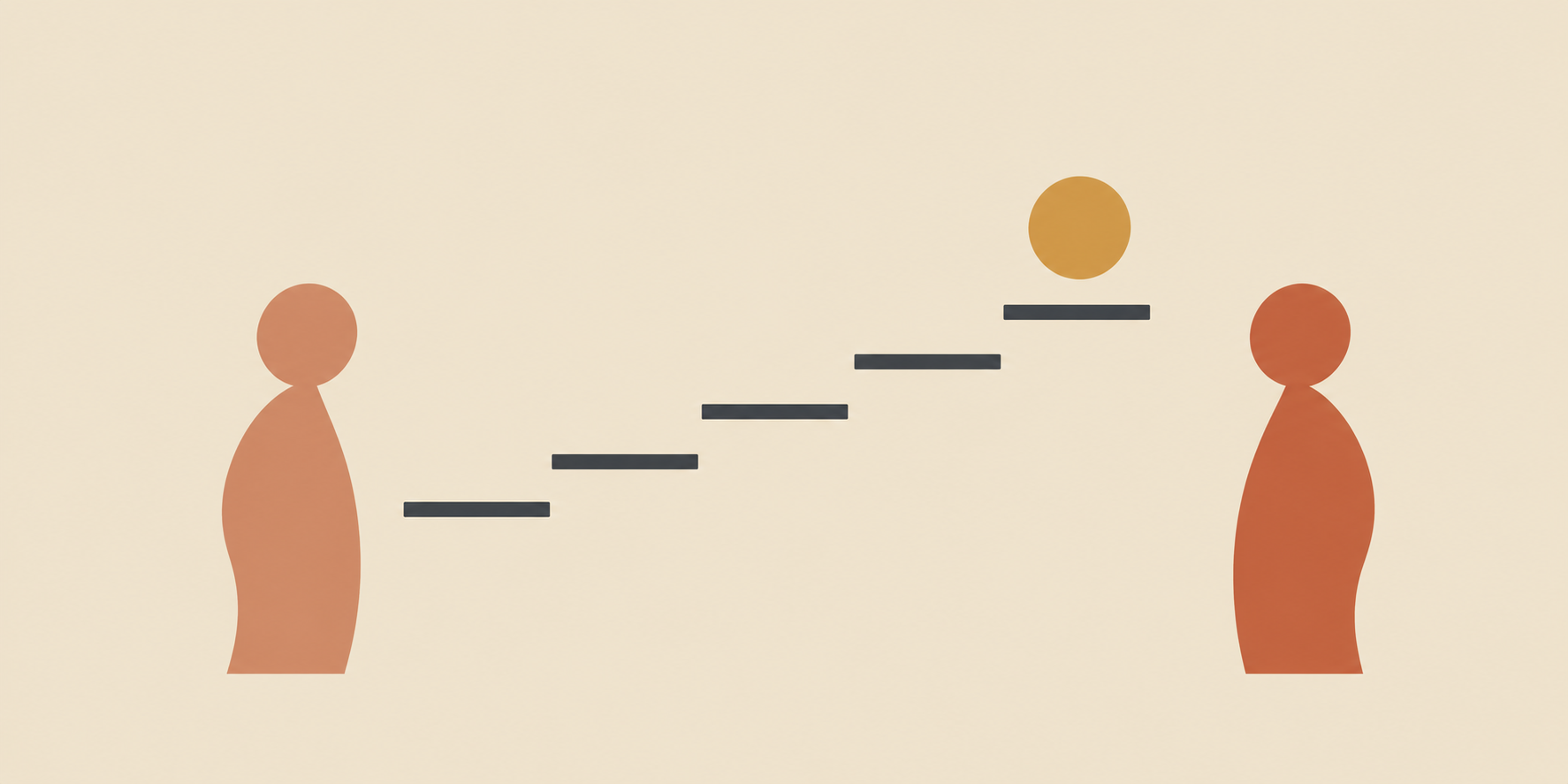Minimalist flat vector illustration of two abstract figures either side of an ascending line of steps, terracotta and ochre on beige, symbolising coac