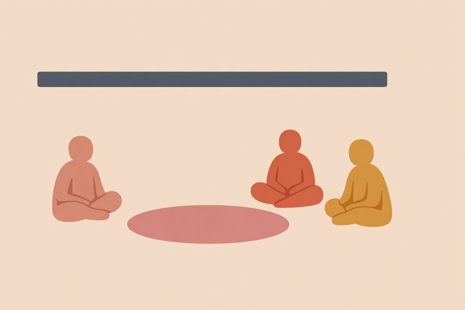 Therapist inviting silent trauma-recovery art therapy group to reflect while sitting together around a shared table